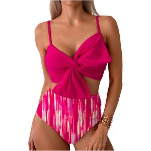 imageMilumia Womens 2 Piece High Waisted Bow Bikini Set Twist Front Ruched Swimsuits Bathing SuitsTie Dye Pink