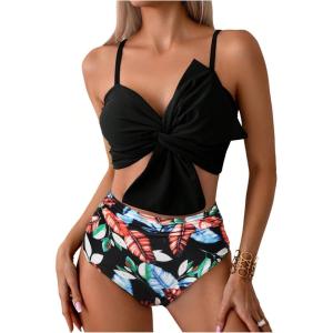 imageMilumia Womens 2 Piece High Waisted Bow Bikini Set Twist Front Ruched Swimsuits Bathing SuitsTropical Black