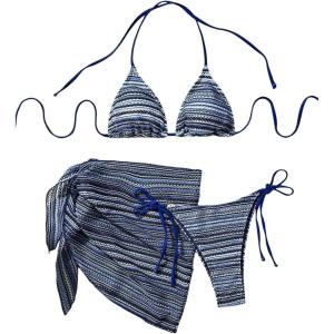 imageMilumia Womens 3 Piece Boho Bikini Set with Cover Ups Triangle Halter SwimsuitsBlue