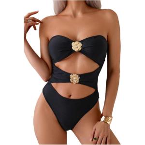imageMilumia Womens 3D Floral Cut Out Bandeau Swimwear Sexy Strapless One Piece SwimsuitsBlack