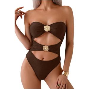 imageMilumia Womens 3D Floral Cut Out Bandeau Swimwear Sexy Strapless One Piece SwimsuitsBrown