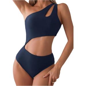imageMilumia Womens Cut Out One Piece Swimsuit One Shoulder Sleeveless Wireless Bathing SuitsDark Blue
