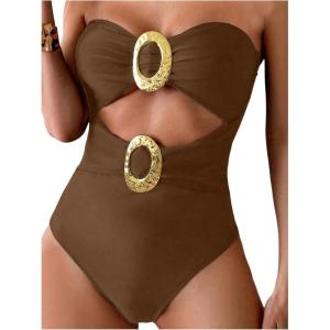 imageMilumia Womens Metal Ring One Piece Swimsuit Cut Out Strapless Bandeau Bathing SuitsBrown