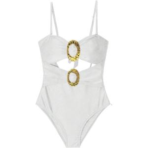 imageMilumia Womens Metal Ring One Piece Swimsuit Cut Out Strapless Bandeau Bathing SuitsWhite