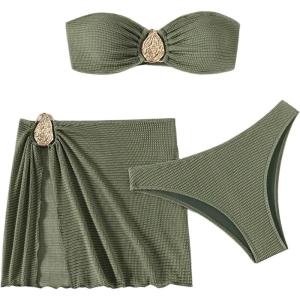 imageMilumia Womens Metal Textured 3 Piece Swimsuit Strapless Bandeau Bikini Set with Coverup Bathing SuitArmy Green