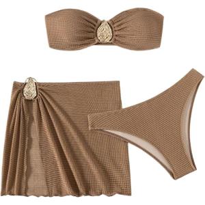 imageMilumia Womens Metal Textured 3 Piece Swimsuit Strapless Bandeau Bikini Set with Coverup Bathing SuitBrown