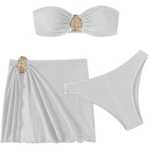 imageMilumia Womens Metal Textured 3 Piece Swimsuit Strapless Bandeau Bikini Set with Coverup Bathing SuitWhite