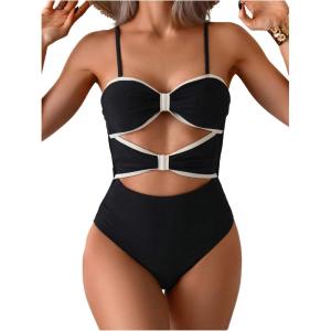 imageMilumia Womens One Piece Cut Out Tie Back Monokini Swimwear Spaghetti Strap SwimsuitsMulticolor