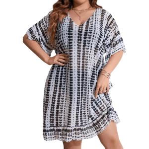 imageMilumia Womens Plus Size Swim Coverup Tie Dye A Line Bikini Cover Ups BeachwearMulti Black and White