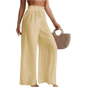 imageMilumia Womens Summer Linen Bathing Suit Cover Up Swim Beach Pants Sheer Wide Leg Swimsuit Coverup PantsApricot