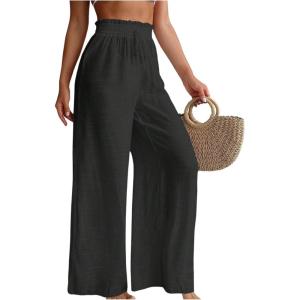 imageMilumia Womens Summer Linen Bathing Suit Cover Up Swim Beach Pants Sheer Wide Leg Swimsuit Coverup PantsBlack