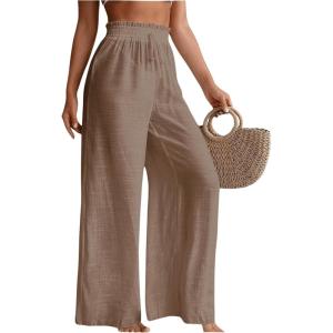imageMilumia Womens Summer Linen Bathing Suit Cover Up Swim Beach Pants Sheer Wide Leg Swimsuit Coverup PantsBrown