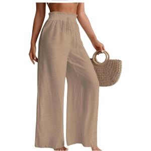imageMilumia Womens Summer Linen Bathing Suit Cover Up Swim Beach Pants Sheer Wide Leg Swimsuit Coverup PantsKhaki