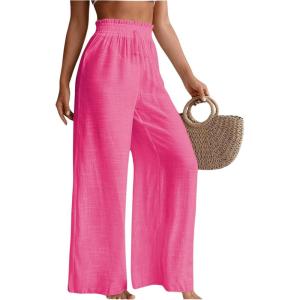 imageMilumia Womens Summer Linen Bathing Suit Cover Up Swim Beach Pants Sheer Wide Leg Swimsuit Coverup PantsPink