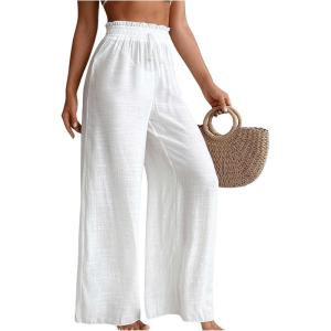 imageMilumia Womens Summer Linen Bathing Suit Cover Up Swim Beach Pants Sheer Wide Leg Swimsuit Coverup PantsWhite