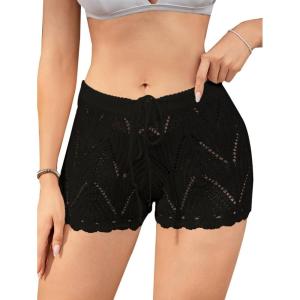 imageMilumia Womens Swimsuit Crochet Cover Up Shorts Drawstring Beach Swim Coverup ShortsBlack