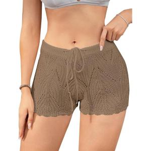 imageMilumia Womens Swimsuit Crochet Cover Up Shorts Drawstring Beach Swim Coverup ShortsKhaki