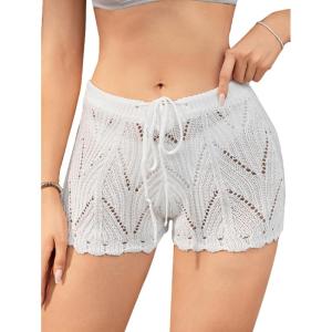 imageMilumia Womens Swimsuit Crochet Cover Up Shorts Drawstring Beach Swim Coverup ShortsWhite