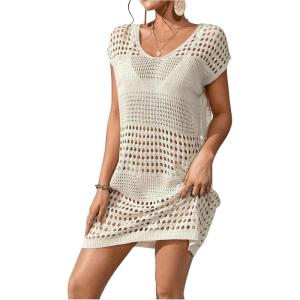 imageMilumia Womens Swimsuit Short Sleeve Crochet Swim Cover Up Knit Bathing Suit Beach DressApricot