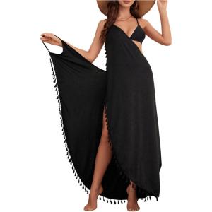 imageMilumia Womens Tassel Trim Wrap Beach Cover Up Long Dress Sleeveless Bikini Coverups KmonoDark Black