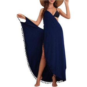 imageMilumia Womens Tassel Trim Wrap Beach Cover Up Long Dress Sleeveless Bikini Coverups KmonoDark Blue