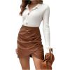 imageMilumia Women PU Leather Bodycon Short Skirt Asymmetrical Tulip Hem Ruched Wrap SkirtL Brown