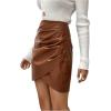 imageMilumia Women PU Leather Bodycon Short Skirt Asymmetrical Tulip Hem Ruched Wrap SkirtL Brown