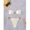imageMilumia Womens 2 Piece Swimsuit Ring Linked Tie String Halter Thong Bikini Set Bathing SuitsApricot