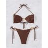 imageMilumia Womens 2 Piece Swimsuit Ring Linked Tie String Halter Thong Bikini Set Bathing SuitsBrown
