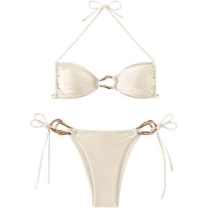imageMilumia Womens 2 Piece Swimsuit Ring Linked Tie String Halter Thong Bikini Set Bathing SuitsApricot