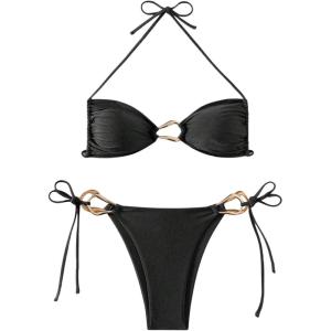 imageMilumia Womens 2 Piece Swimsuit Ring Linked Tie String Halter Thong Bikini Set Bathing SuitsBlack