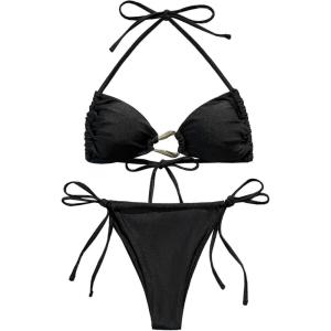 imageMilumia Womens 2 Piece Swimsuit Ring Linked Tie String Halter Thong Bikini Set Bathing SuitsBlack Solid