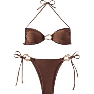 imageMilumia Womens 2 Piece Swimsuit Ring Linked Tie String Halter Thong Bikini Set Bathing SuitsBrown