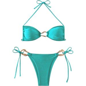 imageMilumia Womens 2 Piece Swimsuit Ring Linked Tie String Halter Thong Bikini Set Bathing SuitsCadet Blue