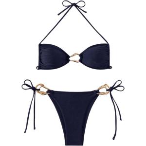 imageMilumia Womens 2 Piece Swimsuit Ring Linked Tie String Halter Thong Bikini Set Bathing SuitsDark Blue