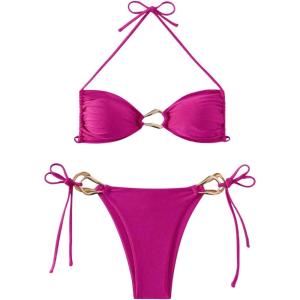 imageMilumia Womens 2 Piece Swimsuit Ring Linked Tie String Halter Thong Bikini Set Bathing SuitsHot Pink