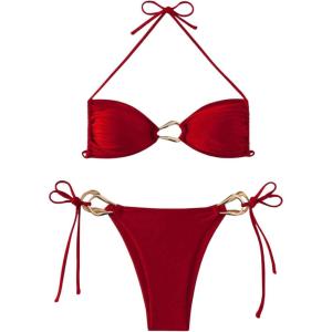 imageMilumia Womens 2 Piece Swimsuit Ring Linked Tie String Halter Thong Bikini Set Bathing SuitsRed