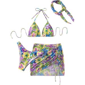 imageMilumia Womens 4 Piece Swimsuits Triangle Bikini Sets Bathing Suit with Mesh Cover Up Beach Skirt ampamp BandanaFloral Purple Green