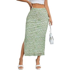 imageMilumia Womens Ditsy Floral Mesh Split Hem Long Skirt High Waisted Boho Midi SkirtsA Light Green and White