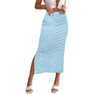 imageMilumia Womens Ditsy Floral Mesh Split Hem Long Skirt High Waisted Boho Midi SkirtsMint Blue