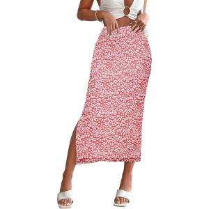 imageMilumia Womens Ditsy Floral Mesh Split Hem Long Skirt High Waisted Boho Midi SkirtsRed