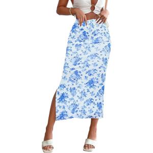 imageMilumia Womens Ditsy Floral Mesh Split Hem Long Skirt High Waisted Boho Midi SkirtsWhite Blue