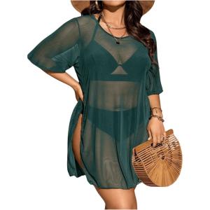 imageMilumia Womens Plus Size Mesh Split Cover Up Half Sleeve Sheer Beach DressDark Green