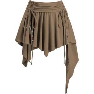 imageMilumia Womens Ruched Drawstring Short Skirt Y2k Pleated Asymmetrical Hem Mini SkirtsKhaki