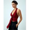 imageMilumia Womens Deep V Neck Halter Top Wrap Twist Backless Cami Crop TopsBurgundy