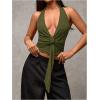 imageMilumia Womens Deep V Neck Halter Top Wrap Twist Backless Cami Crop TopsGreen