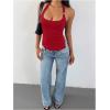 imageMilumia Womens Scoop Neck Low Cut Ruched Backless Halter Top Y2K Side Slit Fitted Sleeveless Tank TopsRed