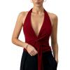 imageMilumia Womens Deep V Neck Halter Top Wrap Twist Backless Cami Crop TopsBurgundy