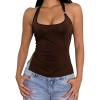 imageMilumia Womens Scoop Neck Low Cut Ruched Backless Halter Top Y2K Side Slit Fitted Sleeveless Tank TopsCoffee Brown