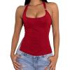 imageMilumia Womens Scoop Neck Low Cut Ruched Backless Halter Top Y2K Side Slit Fitted Sleeveless Tank TopsRed
